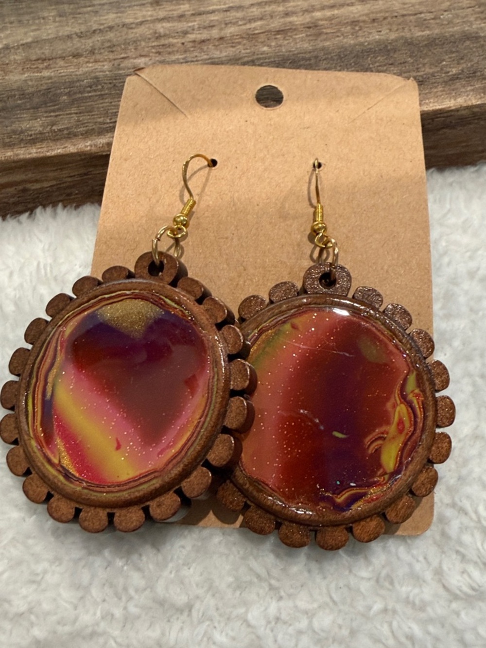 Handmade Red & Gold Resin Wood Drop Earrings